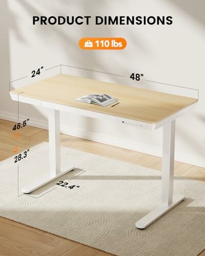 Adjustable desk with dimensions and weight capacity.