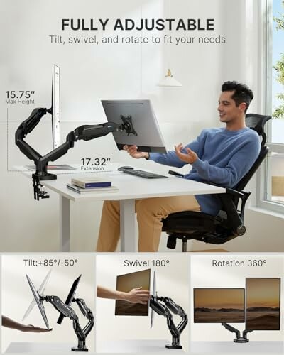 Man using fully adjustable monitor arm at desk