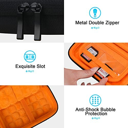 Camera accessory case with metal double zipper, exquisite slot, and anti-shock bubble protection.