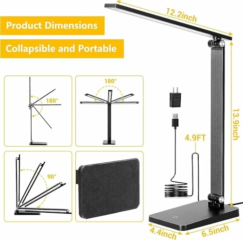 Collapsible and portable desk lamp with dimensions and USB charger