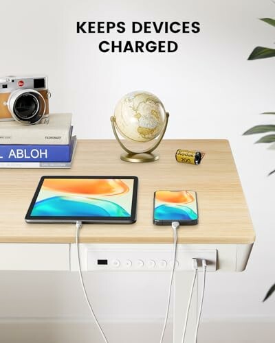 Desk with charging devices, camera, and globe.