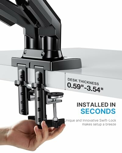 Swift-Lock desk mount installation showing clamp mechanism.