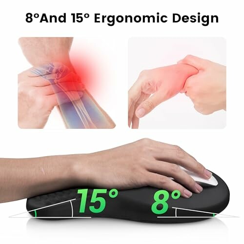 Ergonomic mouse with 8 and 15-degree angles to reduce wrist strain.