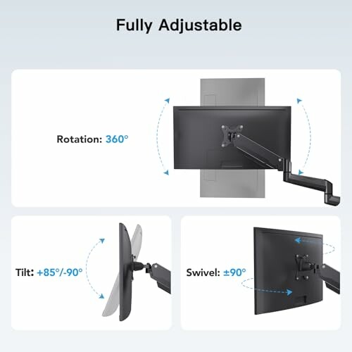 Diagram showing a fully adjustable monitor stand with 360-degree rotation, +85 to -90 degree tilt, and ÃÂÃÂÃÂÃÂÃÂÃÂÃÂÃÂ±90 degree swivel.