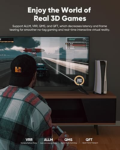 Person playing 3D racing game on a TV with gaming console.