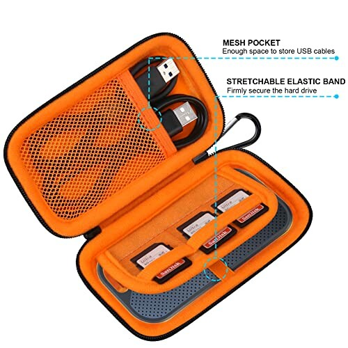 Orange hard drive case with mesh pocket and elastic band for storage.