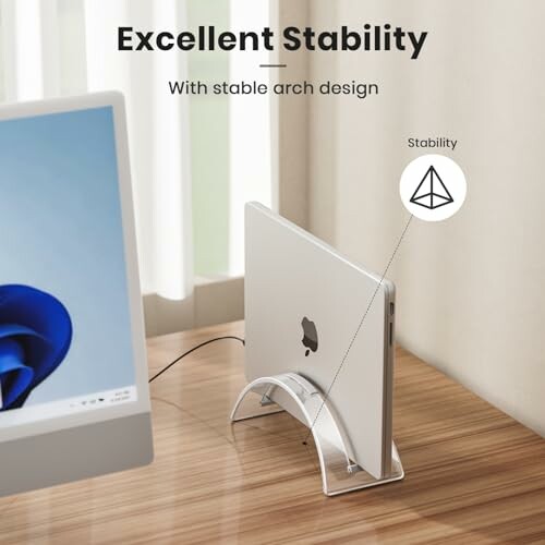 Laptop on stand with stable arch design for excellent stability.