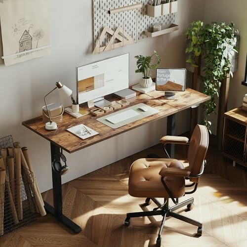 Modern home office with wooden desk, computer, and brown chair.