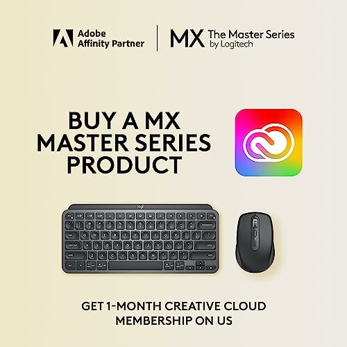 MX Master Series promotion with keyboard and mouse offering 1-month Creative Cloud membership.