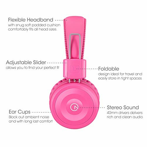 Pink foldable headphones with features highlighted.