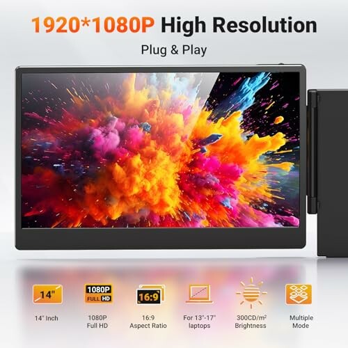 High resolution 1920x1080P portable monitor display with colorful explosion graphic and features including 14-inch size, 1080P Full HD, 16:9 aspect ratio, 300CD/mÃÂÃÂÃÂÃÂÃÂÃÂÃÂÃÂÃÂÃÂÃÂÃÂÃÂÃÂÃÂÃÂ² brightness.