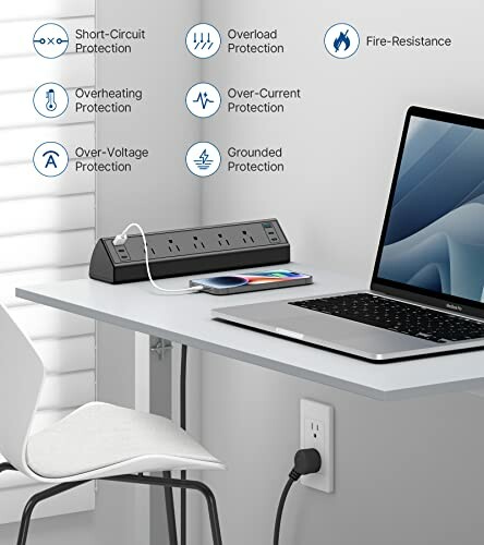 Desk setup with power strip showing protection features