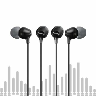 Black Sony in-ear headphones with soundwave graphic