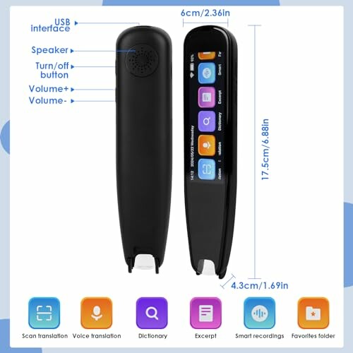 Handheld translation device with screen showing features.