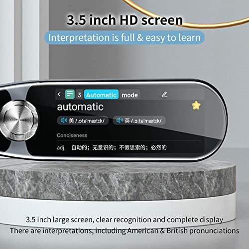 Translation device with 3.5 inch HD screen displaying automatic mode and translations.