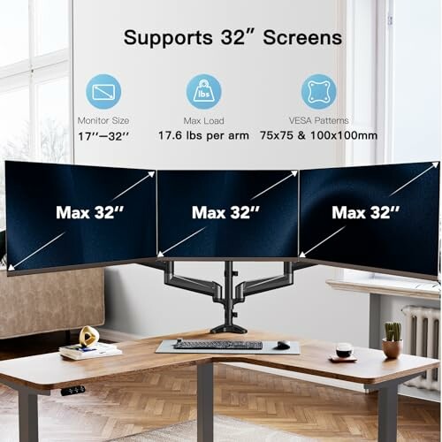 Triple monitor stand supporting three 32-inch screens on a desk.