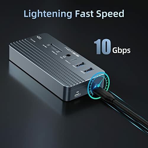 USB-C hub with 10 Gbps speed and multiple ports.