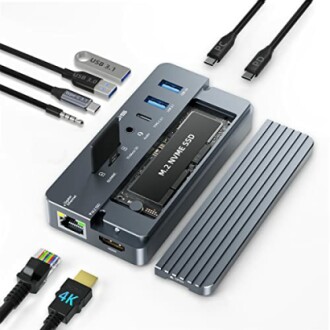 Multi-port USB hub with M.2 NVME SSD slot and cables.