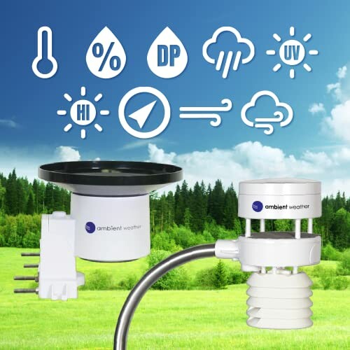 Weather sensors with icons representing temperature, humidity, dew point, wind, and UV index.