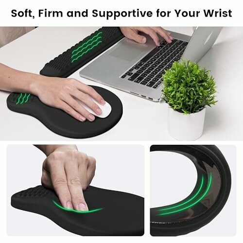 Person using wrist support mouse pad with laptop.